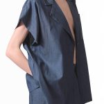 SHORT SLEEVE BLAZER WITH OVERSIZED SHOULDERS AND LOGO BUTTON DETAIL — DENIM