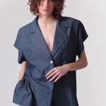 SHORT SLEEVE BLAZER WITH OVERSIZED SHOULDERS AND LOGO BUTTON DETAIL — DENIM