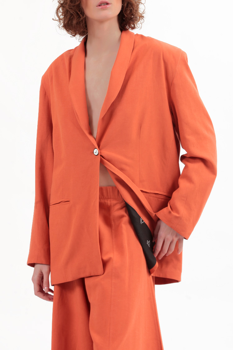 UNISEX BLAZER WITH OVERSIZED SHOULDERS AND LOGO BUTTON DETAIL — ORANGE