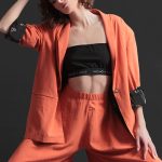 UNISEX BLAZER WITH OVERSIZED SHOULDERS AND LOGO BUTTON DETAIL — ORANGE