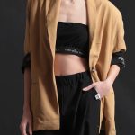 UNISEX BLAZER WITH OVERSIZED SHOULDERS AND LOGO BUTTON DETAIL — BEIGE