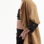 UNISEX BLAZER WITH OVERSIZED SHOULDERS AND LOGO BUTTON DETAIL — BEIGE