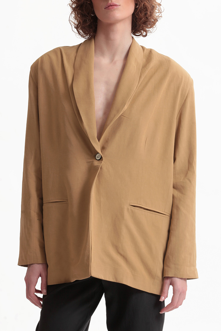 UNISEX BLAZER WITH OVERSIZED SHOULDERS AND LOGO BUTTON DETAIL — BEIGE