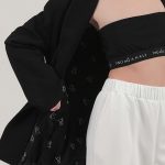 UNISEX BLAZER WITH OVERSIZED SHOULDERS AND LOGO BUTTON DETAIL — BLACK