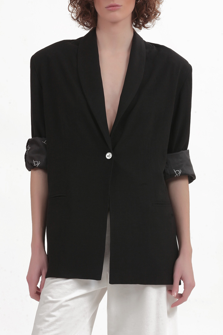 UNISEX BLAZER WITH OVERSIZED SHOULDERS AND LOGO BUTTON DETAIL — BLACK