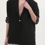 UNISEX BLAZER WITH OVERSIZED SHOULDERS AND LOGO BUTTON DETAIL — BLACK