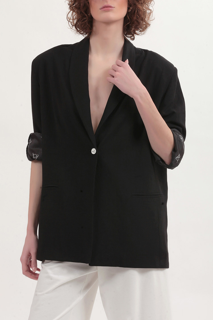 UNISEX BLAZER WITH OVERSIZED SHOULDERS AND LOGO BUTTON DETAIL — BLACK