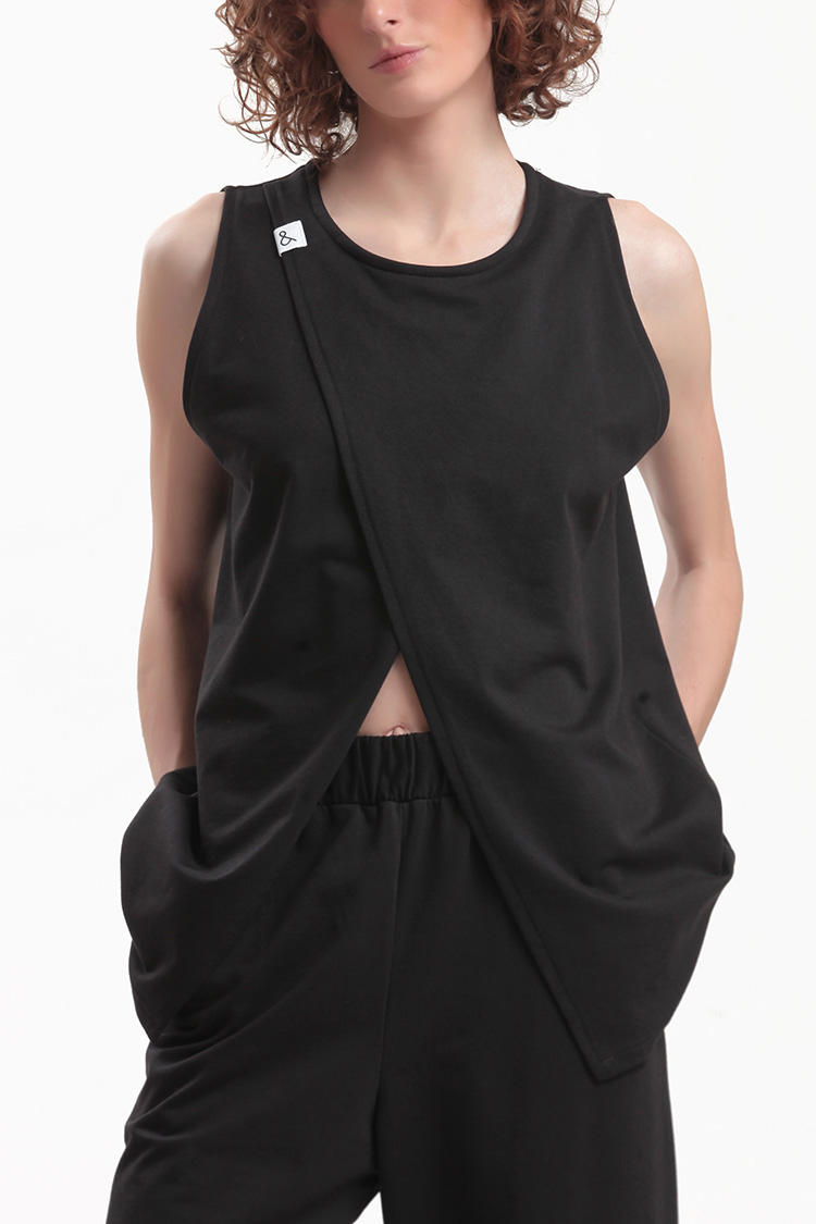 SLEEVELESS TOP WITH ASYMMETRIC FRONT OPENING