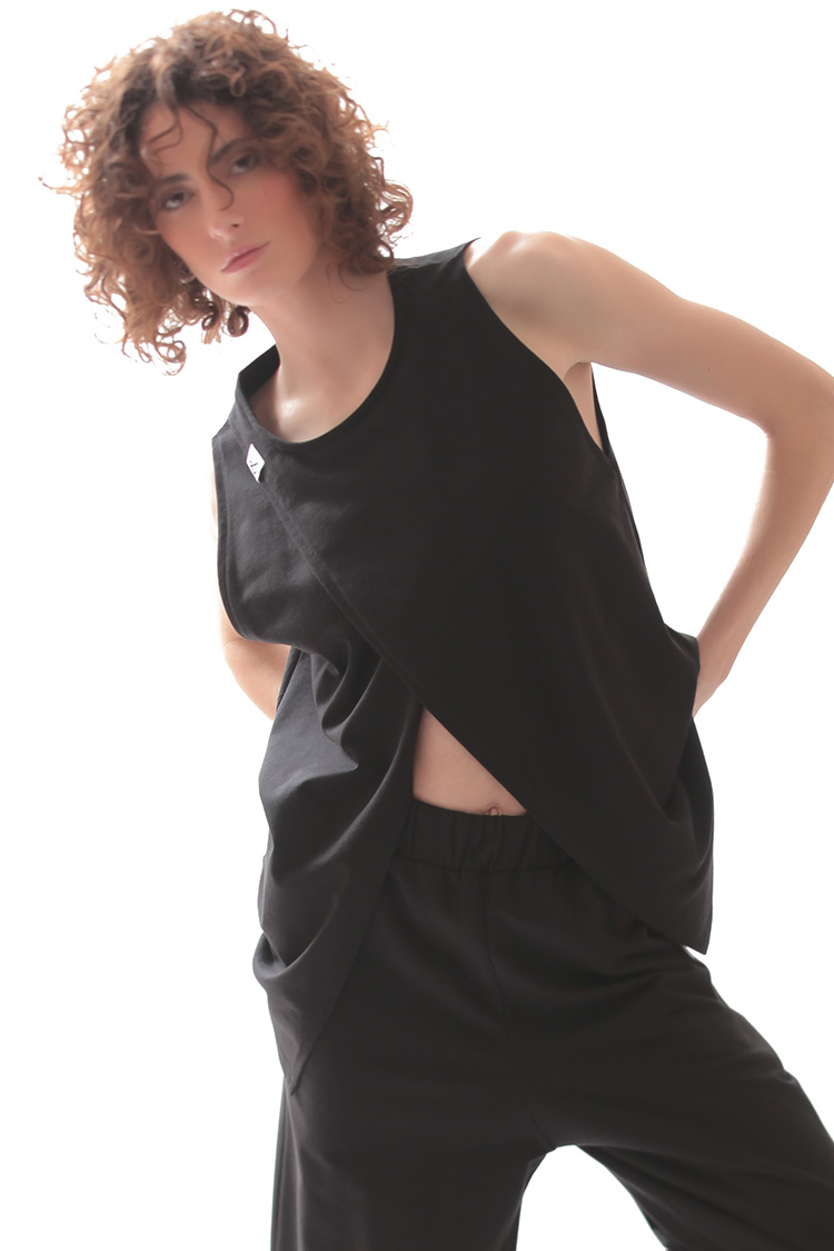 SLEEVELESS TOP WITH ASYMMETRIC FRONT OPENING