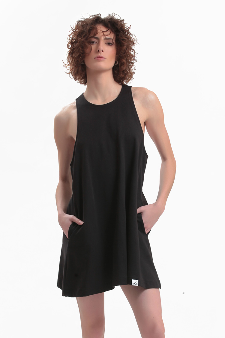 MINI DRESS WITH A TRIANGULAR BACK DESIGN — BLACK