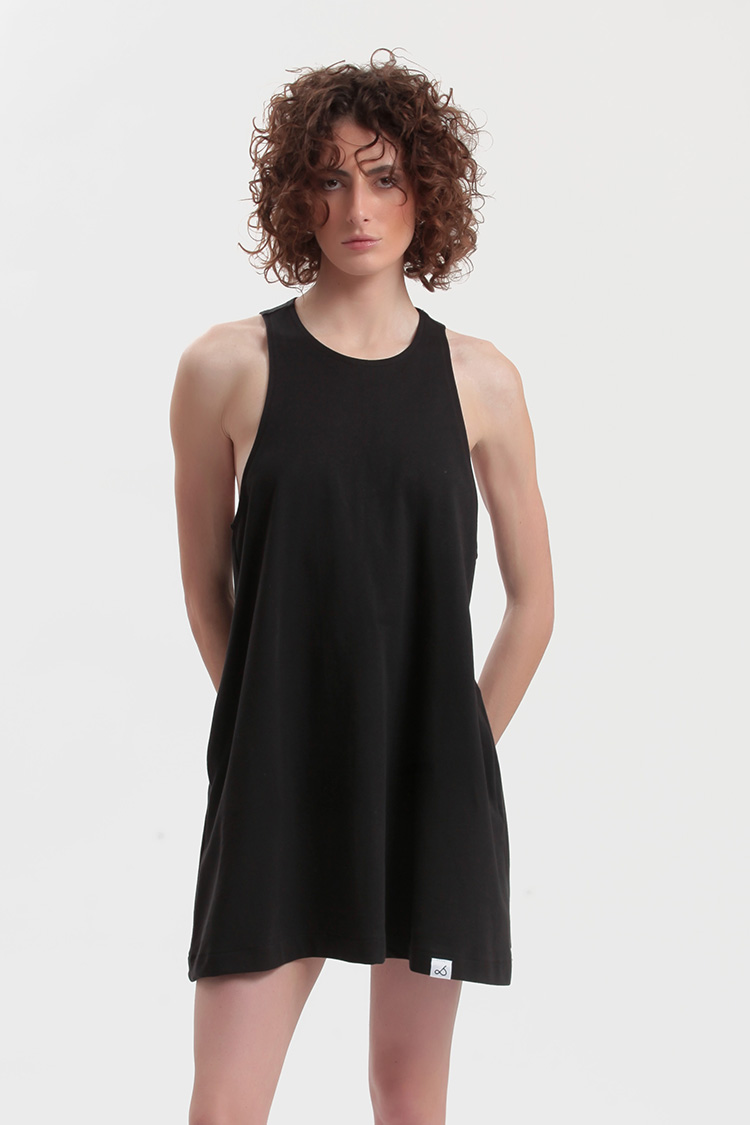 MINI DRESS WITH A TRIANGULAR BACK DESIGN — BLACK