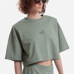 T SHIRT WITH OVERSIZED SHOULDERS AND LOGO — OLIVE