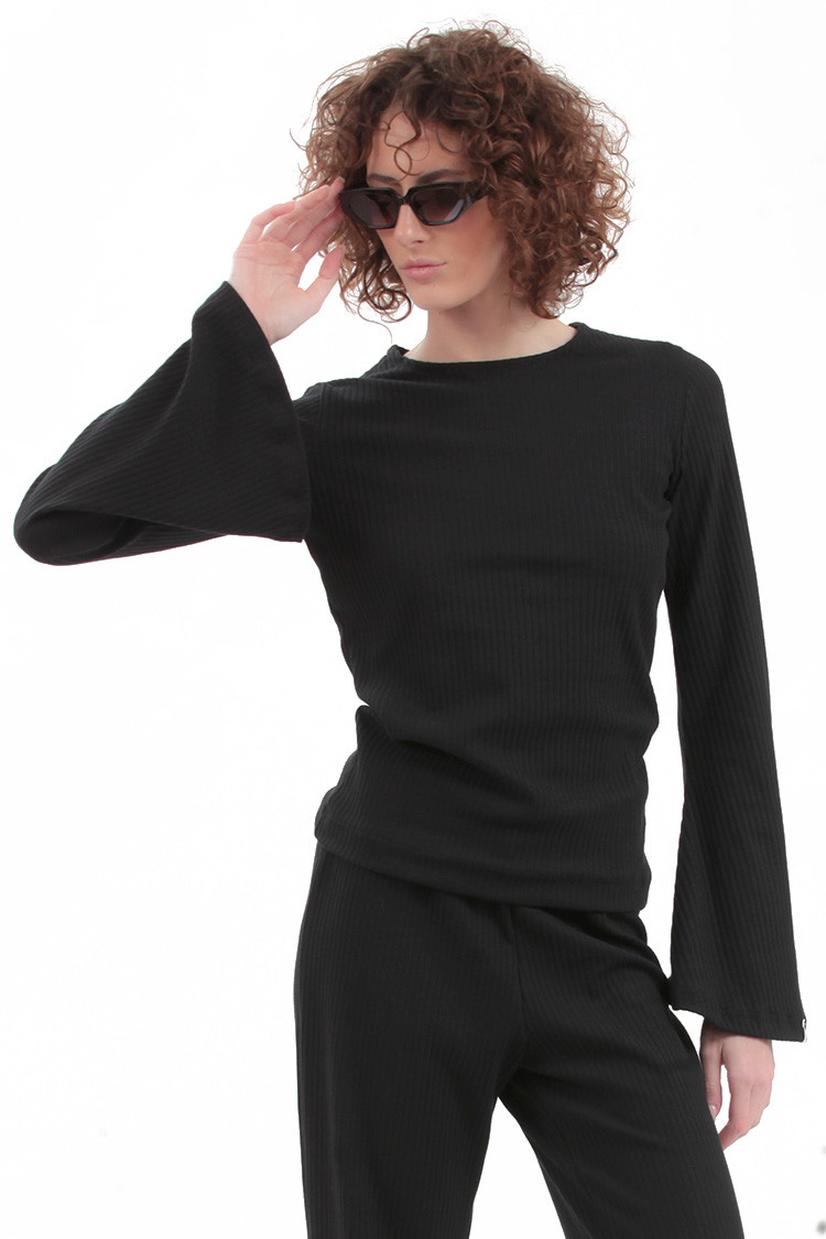 RIBBED LONG SLEEVE TOP-BLACK