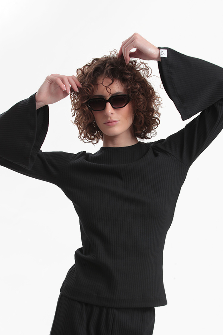 RIBBED LONG SLEEVE TOP-BLACK