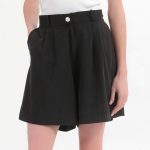 BERMUDA SHORTS WITH ELASTICATED WAIST AND LOGO BUTTON DETAIL — BLACK