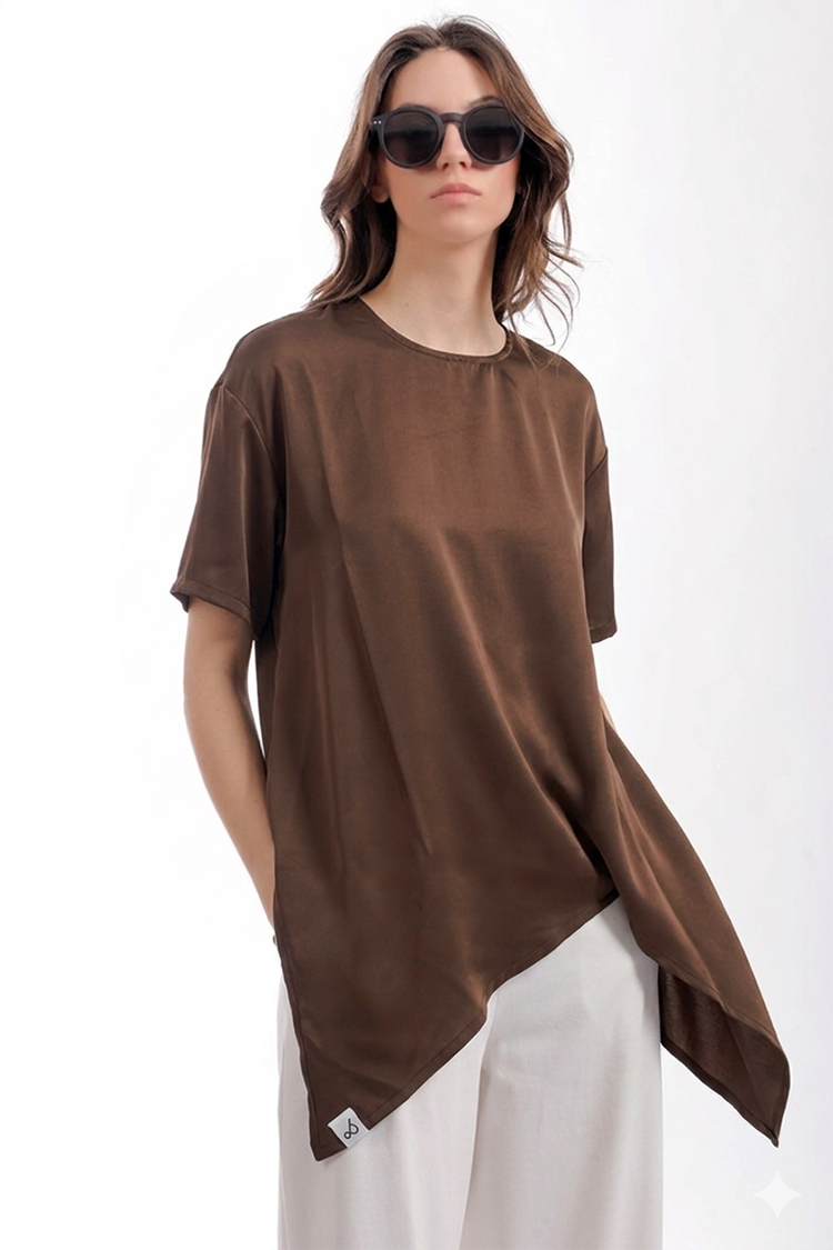 ASYMMETRICAL SATIN OVERSIZED TOP- CHOCOLATE