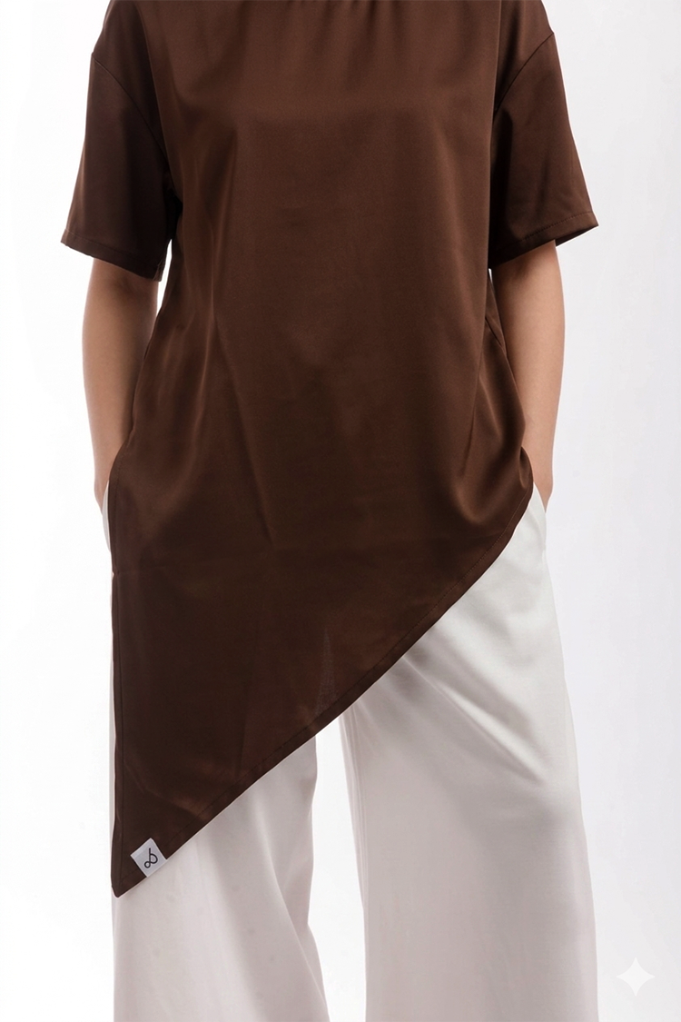 ASYMMETRICAL SATIN OVERSIZED TOP- CHOCOLATE