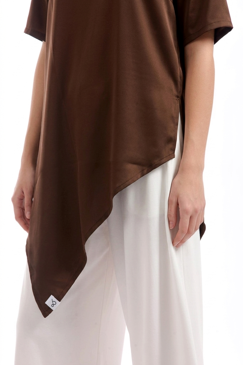 ASYMMETRICAL SATIN OVERSIZED TOP- CHOCOLATE