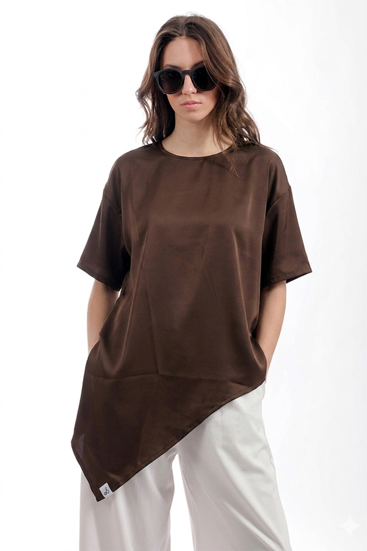 ASYMMETRICAL SATIN OVERSIZED TOP- CHOCOLATE